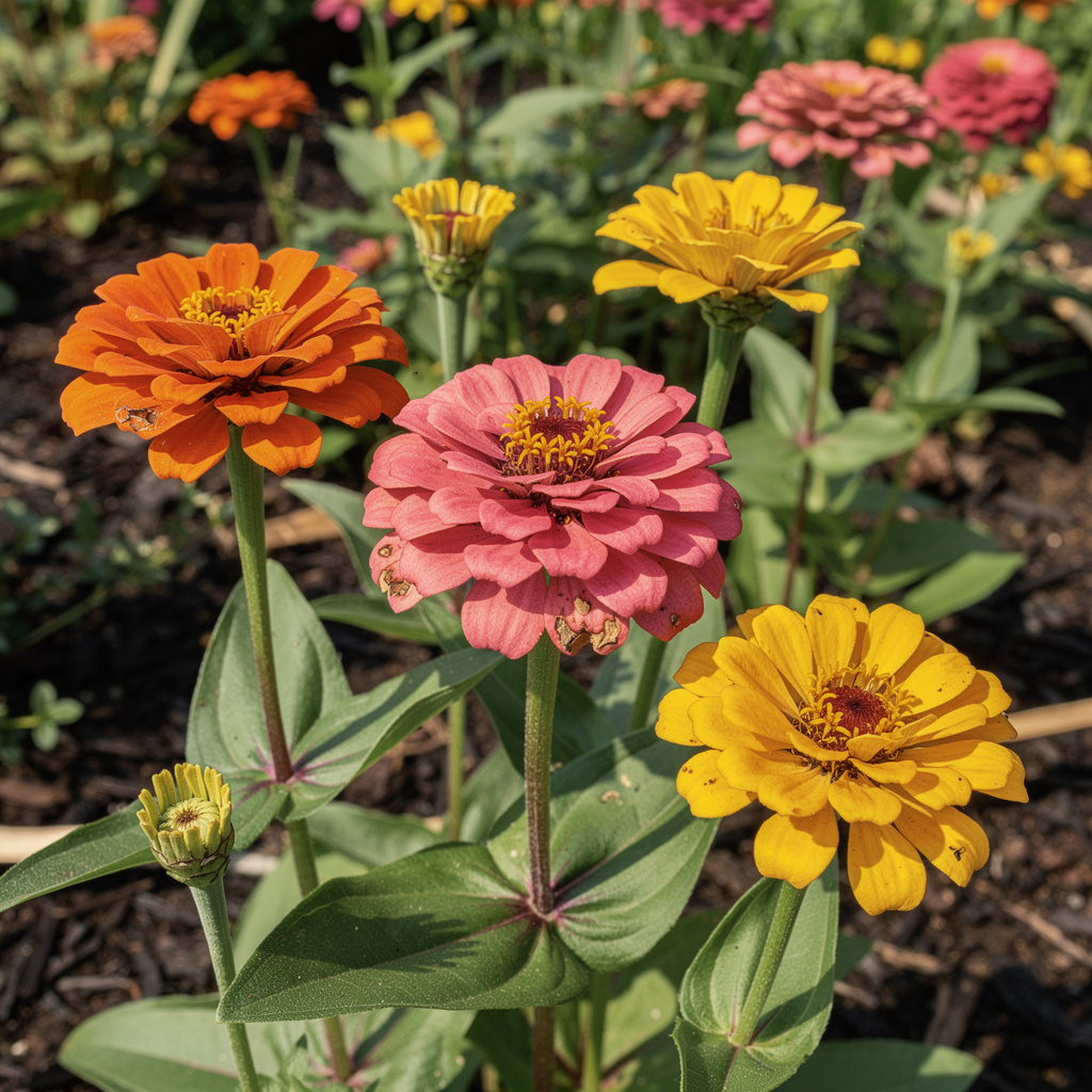 Capitules de zinnias aux teintes vives en été