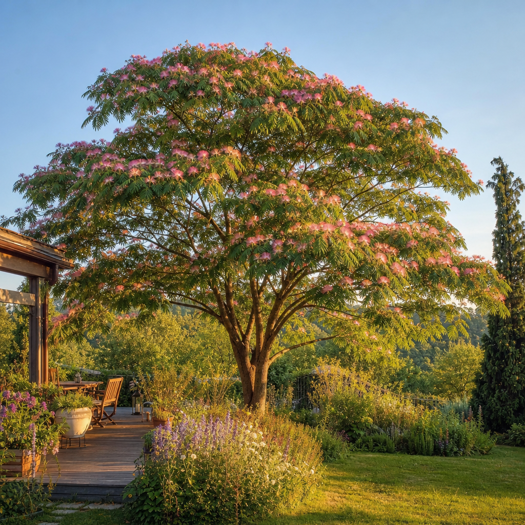 Albizia rose en fleurs au-dessus d’une terrasse