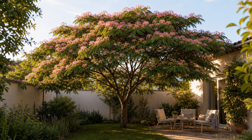 Albizia avec fleurs roses et feuillage fin en ombre tamisée