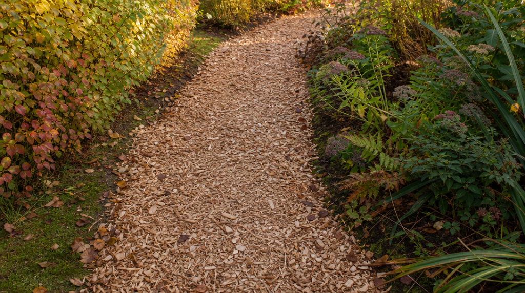 Allée de jardin recouverte de copeaux de bois