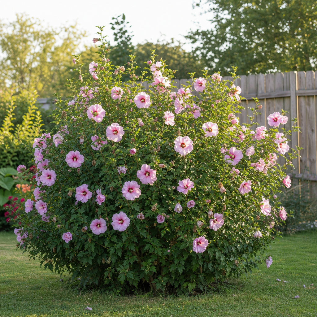 Althéa rose avec grandes fleurs à cœur rouge