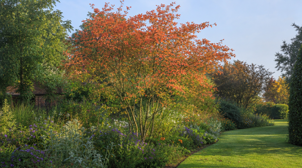 Amélanchier coloré structurant la perspective d'un jardin