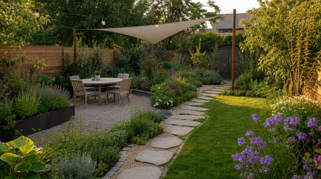 Jardin facile avec coin repas, jardinières et allée