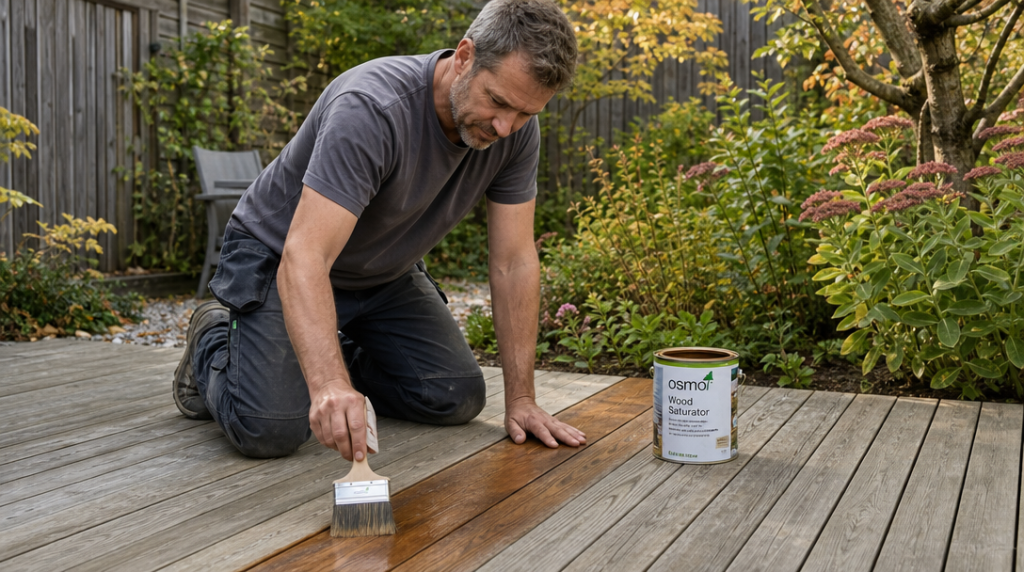 Application de saturateur sur lames de terrasse sèches