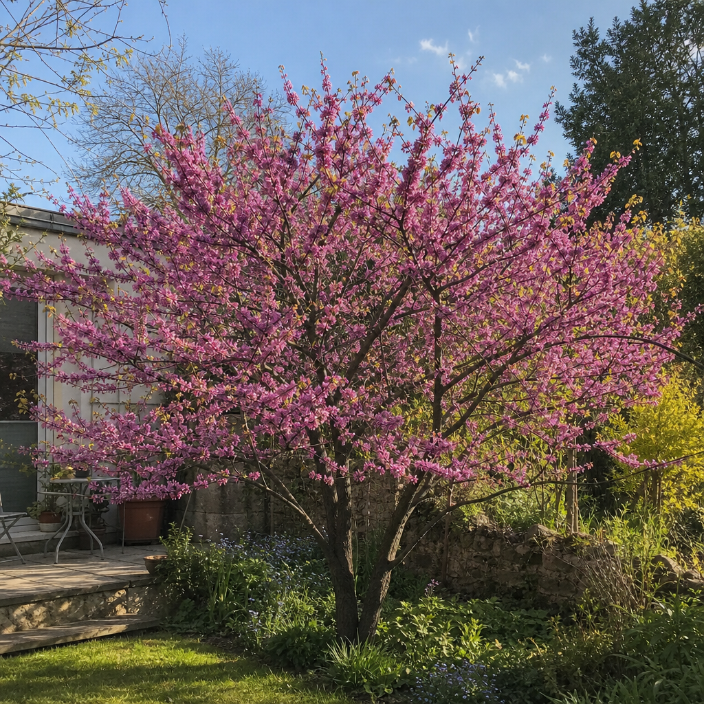 Arbre de Judée fleuri près d’une petite terrasse
