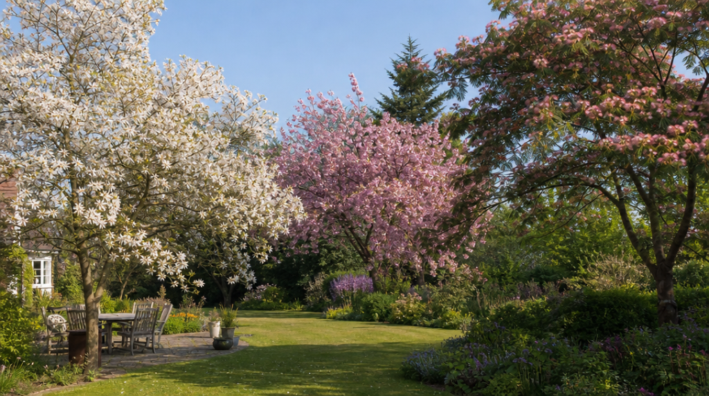 Jardin familial avec arbres à fleurs roses et blanches
