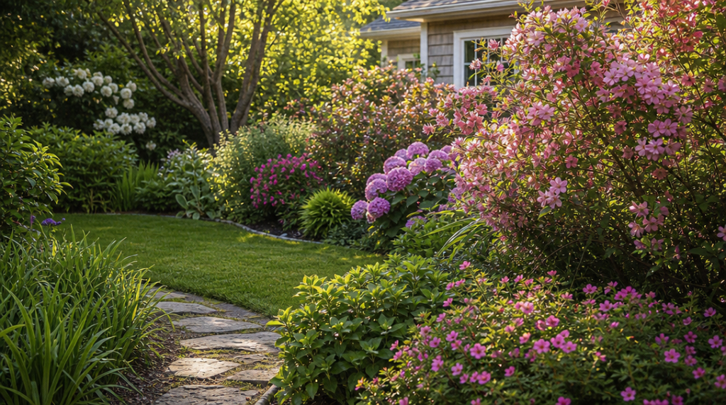 Massif de jardin avec arbustes à fleurs roses