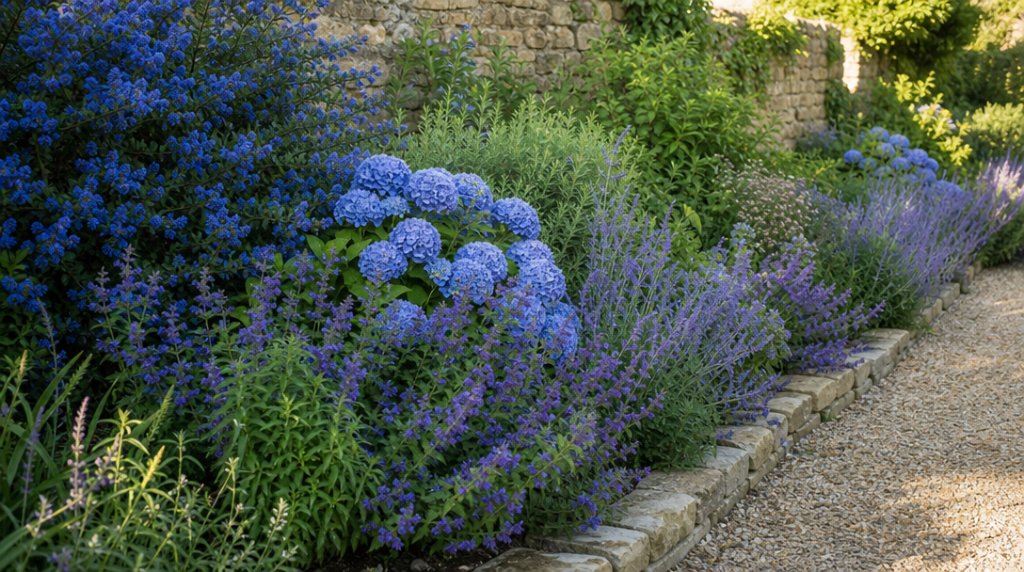 Massif ensoleillé d'arbustes à fleurs bleues en été