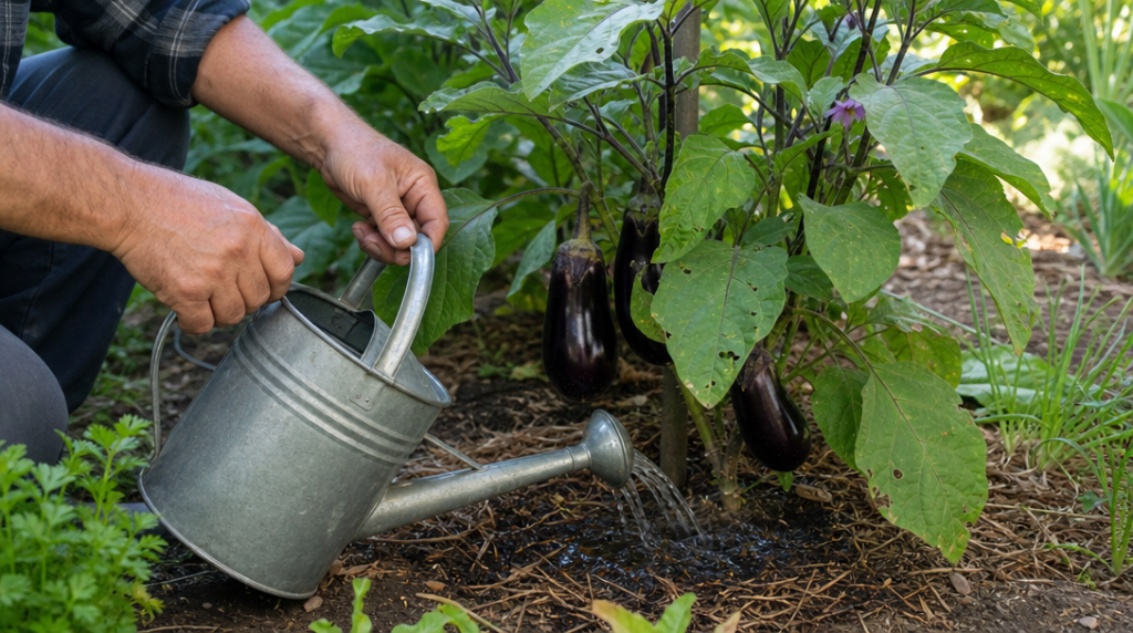Arrosage au pied d’une aubergine paillée et fruitière