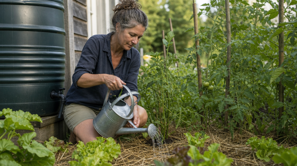 Jardinier arrosant des tomates au pied sous paillage