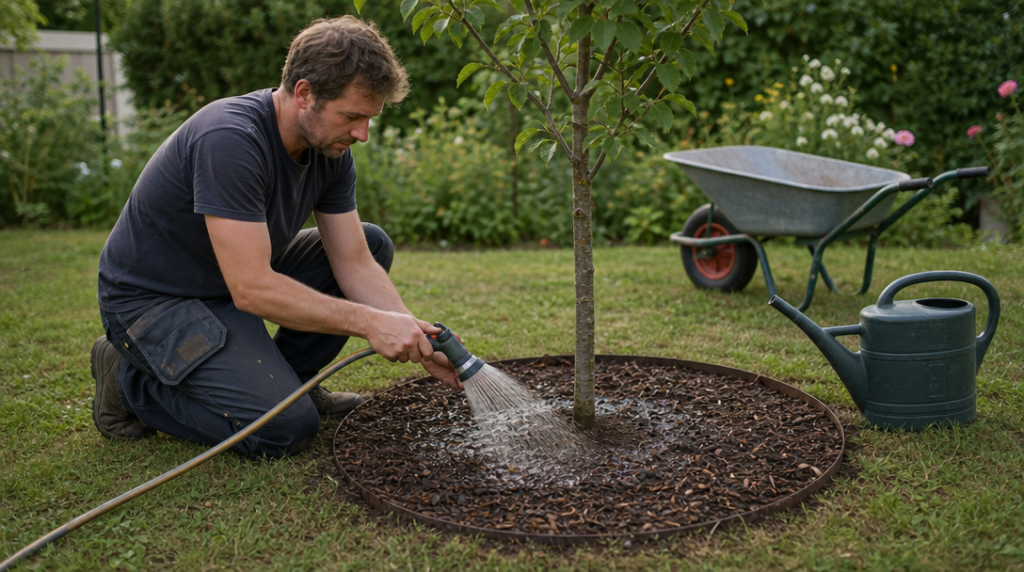 Arrosage d’un jeune arbre dans une cuvette paillée en été
