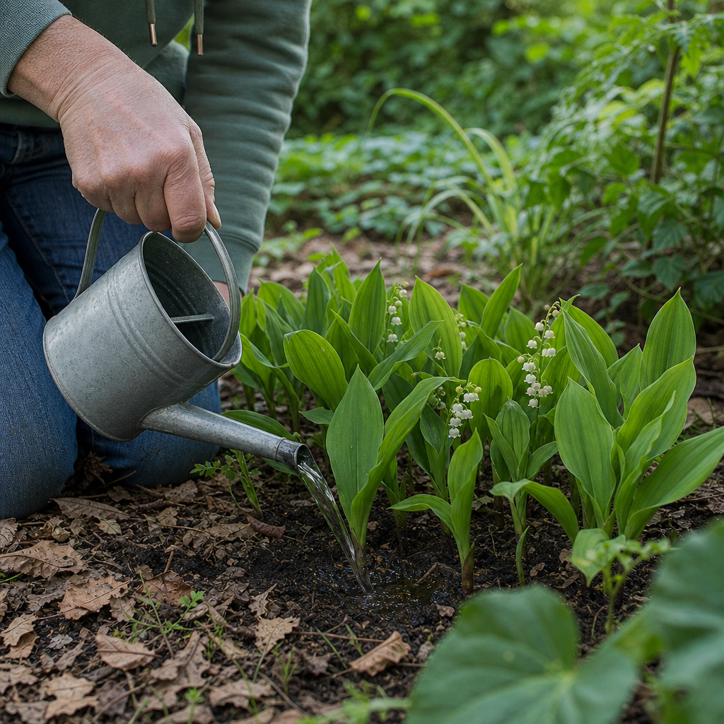 Arrosage doux au pied de touffes de muguet
