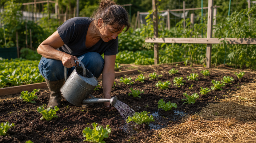 Arrosage au pied de jeunes laitues après plantation