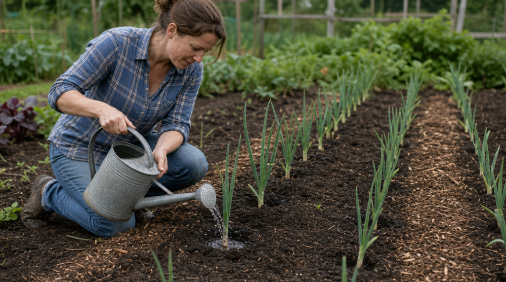 Arrosage au pied de poireaux récemment plantés