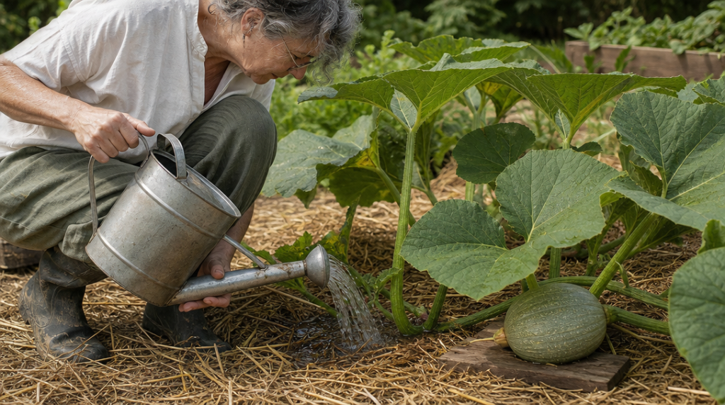 Arrosage au pied d’une courge sur paillage de paille