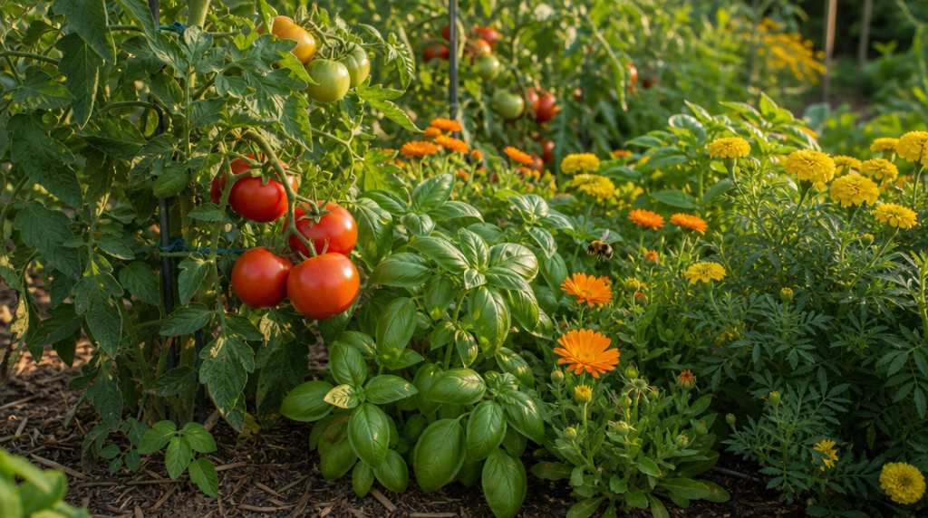 Tomates basilic et fleurs dans une planche paillée