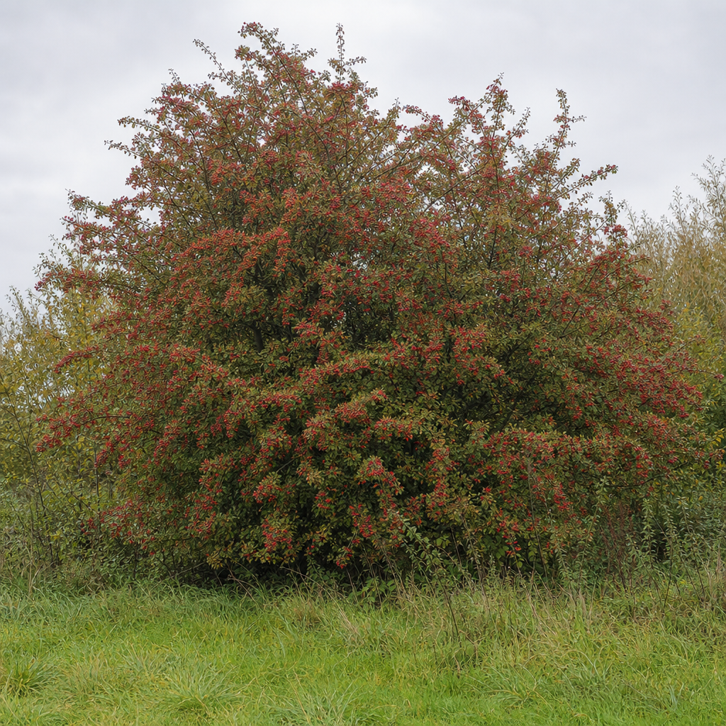 Aubépine dense aux fruits rouges dans une haie