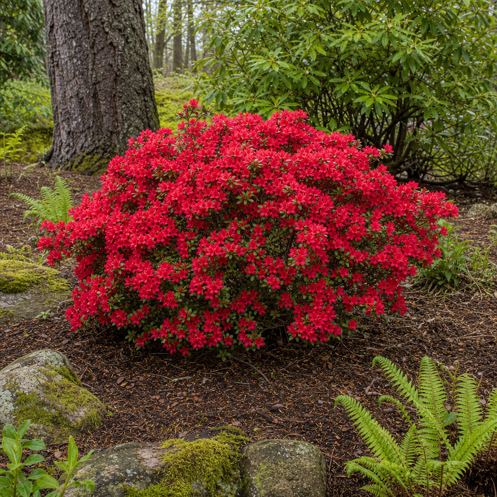 Azalée rouge en floraison sur paillage d’écorces
