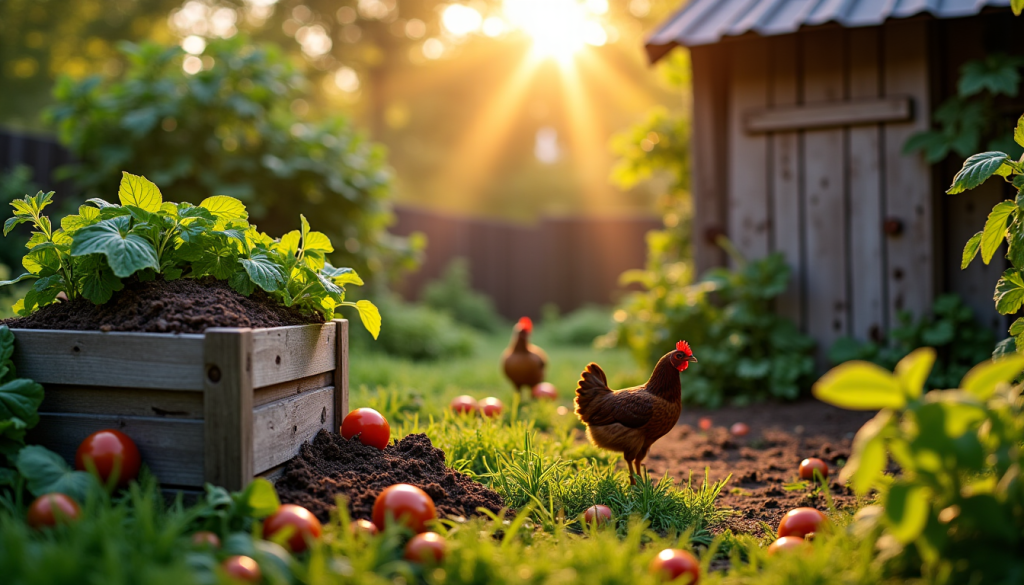 Bac potager, tomates éparpillées et deux poules près d’un abri