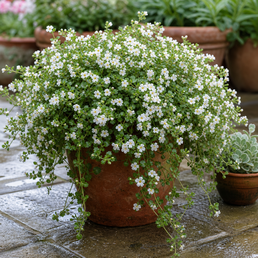 Bacopa blanc retombant d’une potée fleurie