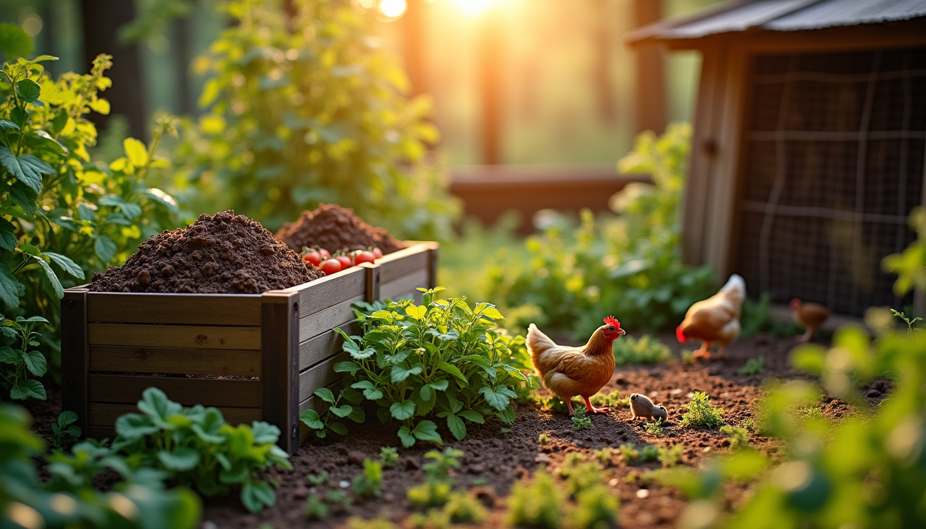 Bacs potagers, tomates, poules et souris près d’un abri grillagé