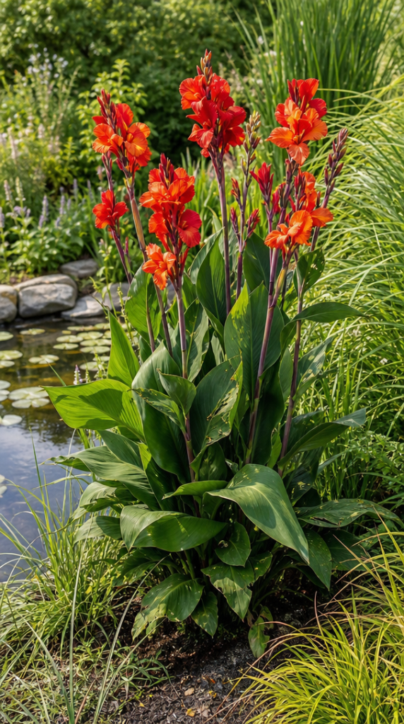 Balisier rouge dressé près d’un bassin de jardin