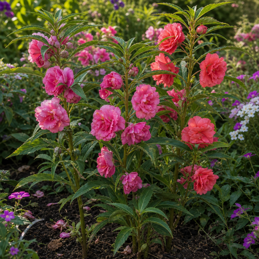 Balsamine rose fleurie dans un massif ensoleillé