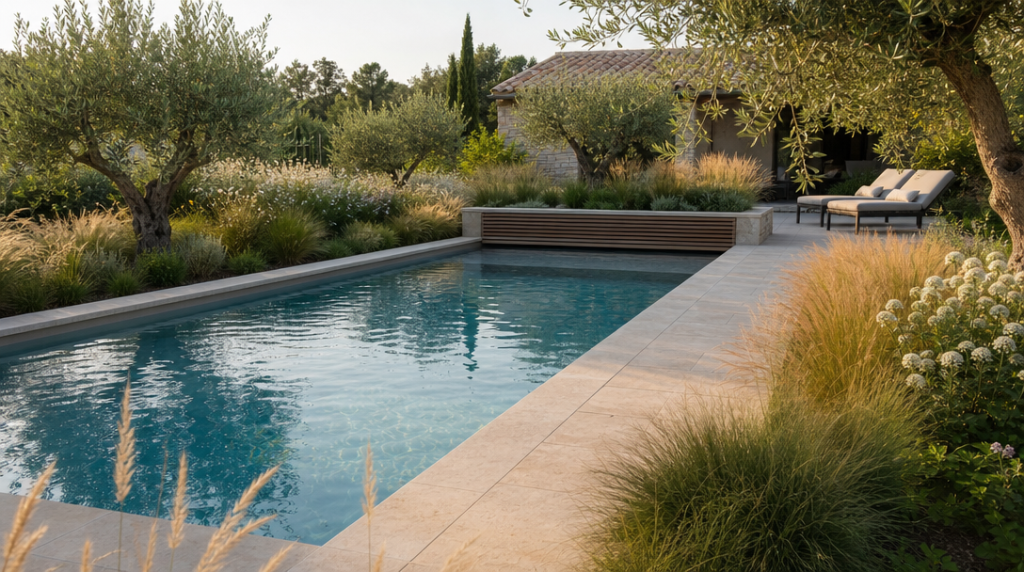 Banc bois intégrant volet près piscine paysagée