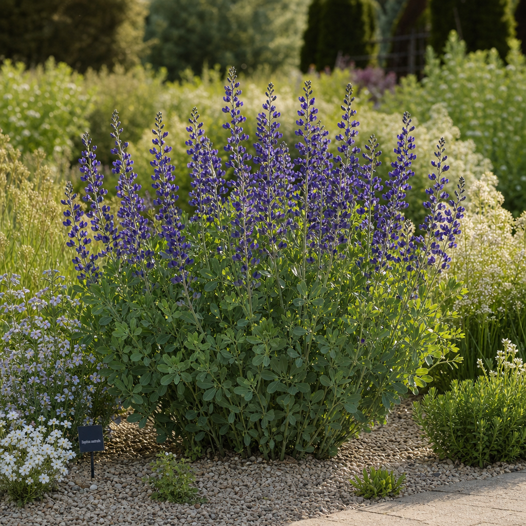 Baptisia bleu en fleurs dans un massif