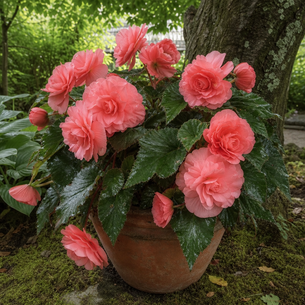 Bégonia rose en pot sous une ombre légère