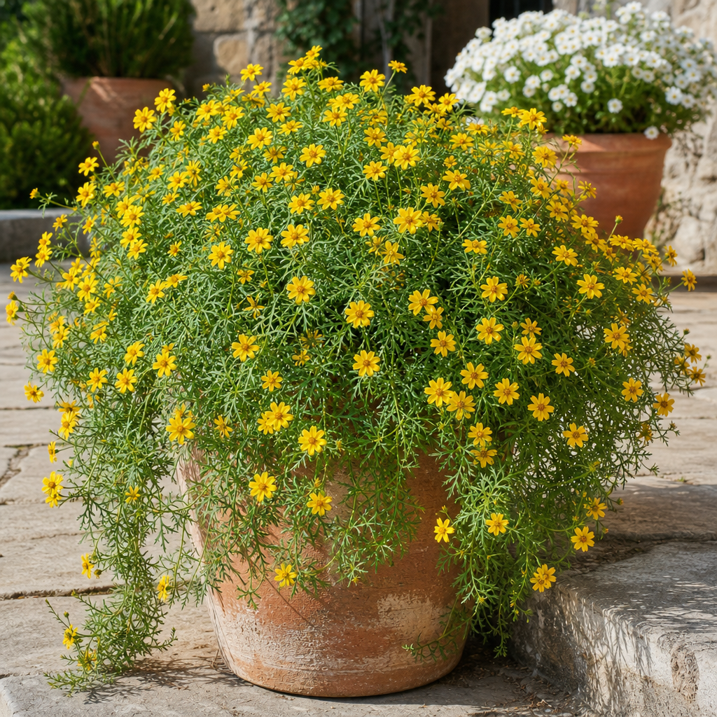Bidens jaune retombant dans un pot ensoleillé