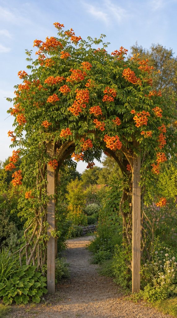 Bignone orange couvrant une arche de jardin