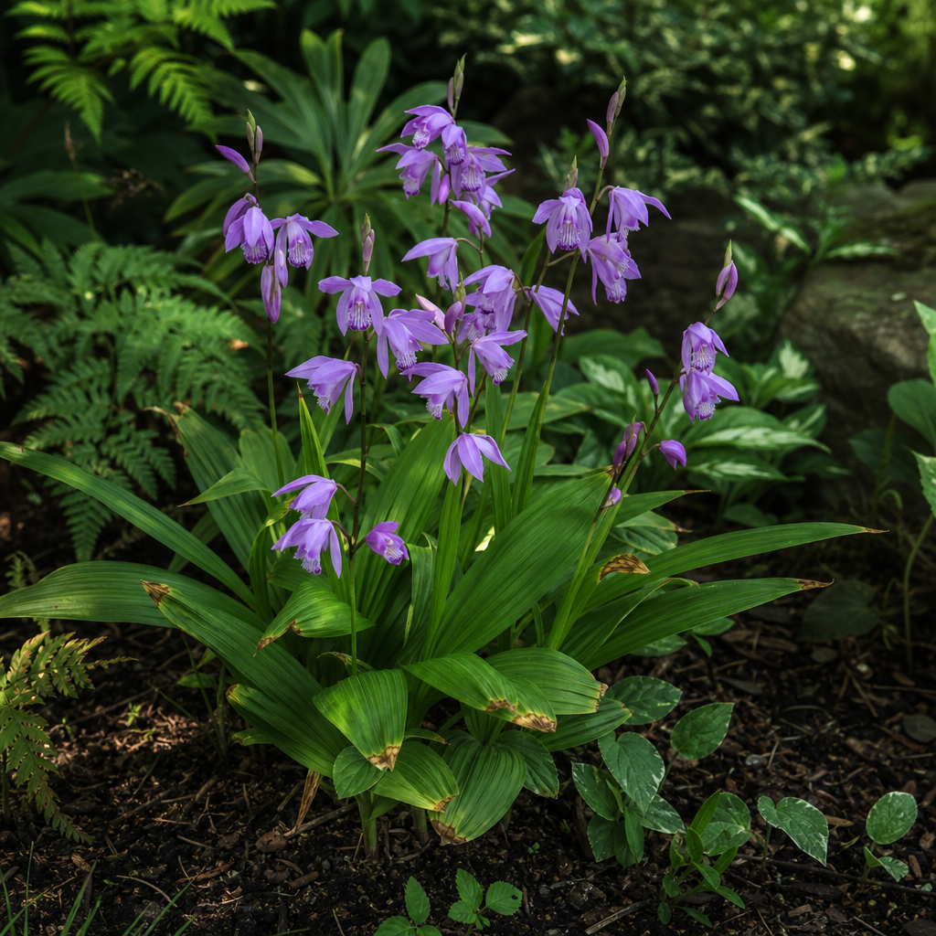 Bletilla violette fleurie dans un jardin ombragé