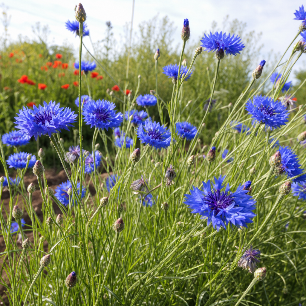 Bleuets bleus parmi des herbes de prairie