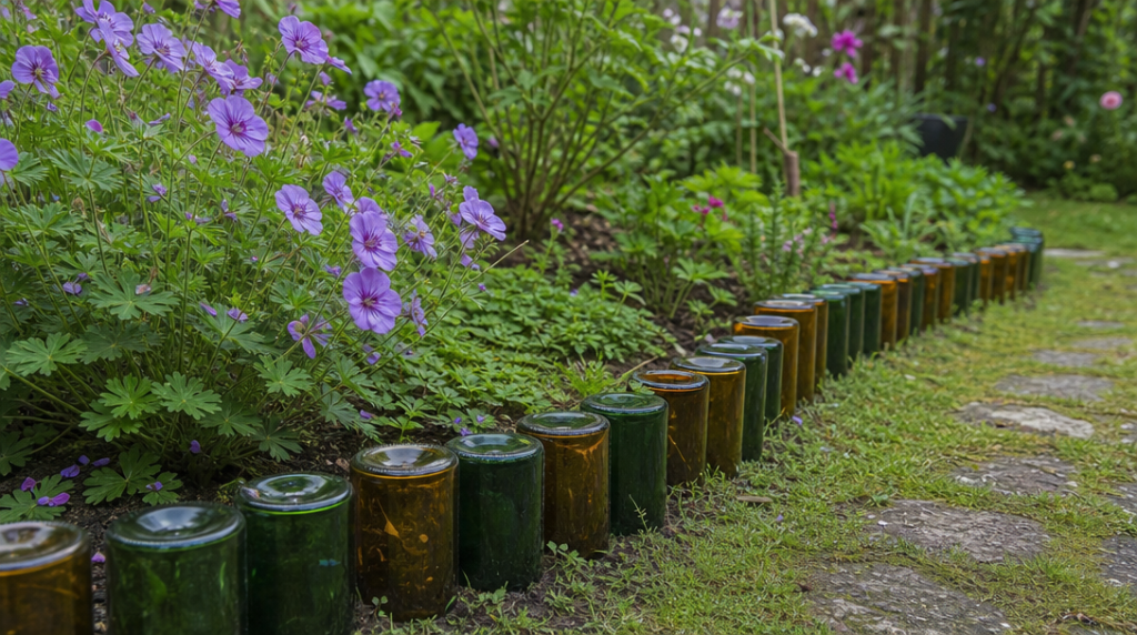 Bouteilles en verre enterrées le long d'un massif