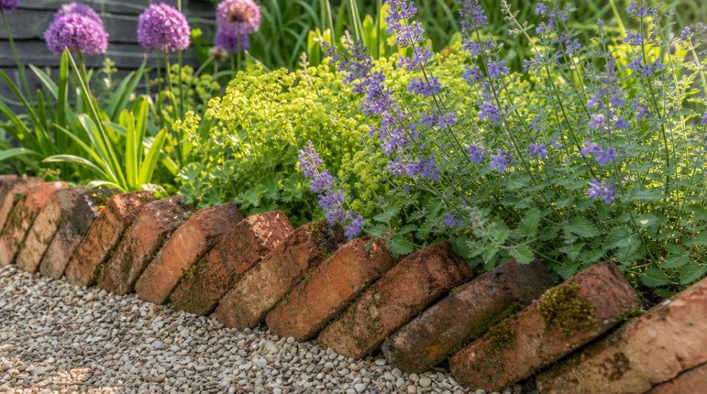 Briques anciennes inclinées autour d'un parterre fleuri
