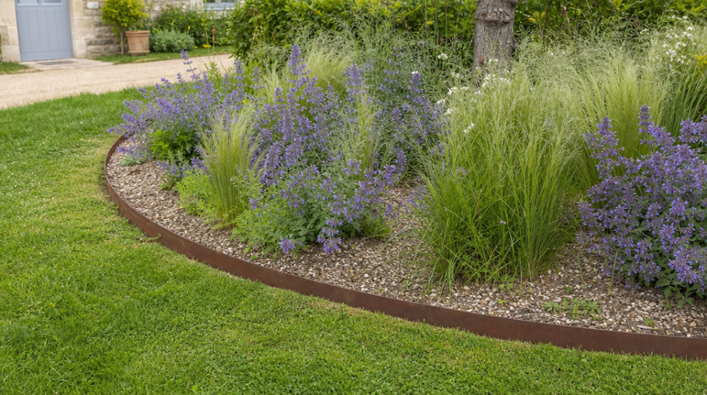 Bordure Corten courbe autour d'un massif fleuri
