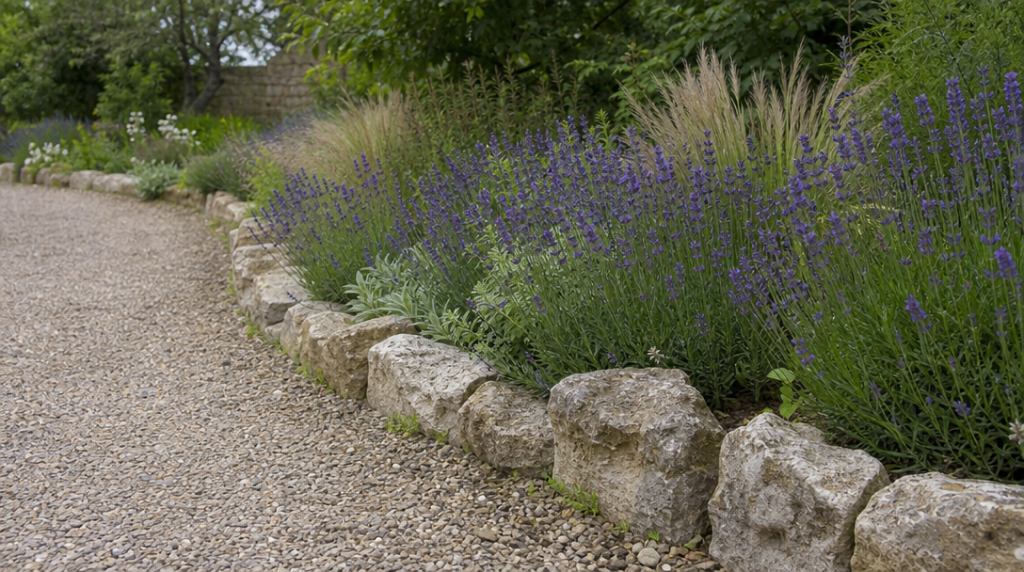 Pierres naturelles bordant une allée de jardin courbe