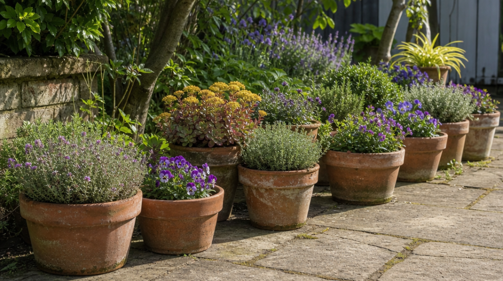 Pots en terre cuite formant une bordure fleurie