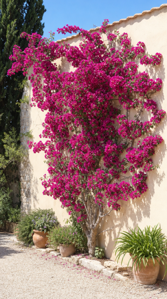 Bougainvillier magenta grimpant sur un mur clair