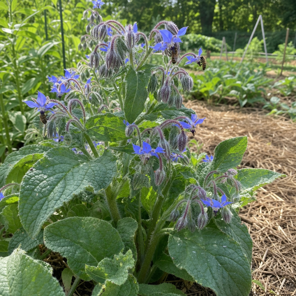 Fleurs bleues de bourrache visitées par une abeille