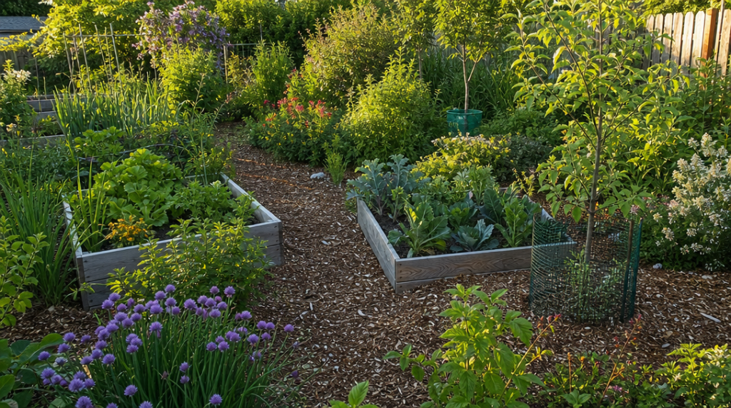 Jardin paillé avec broyat autour des cultures et allées