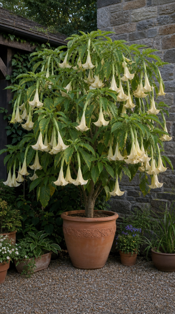 Brugmansia crème en fleurs dans un grand pot