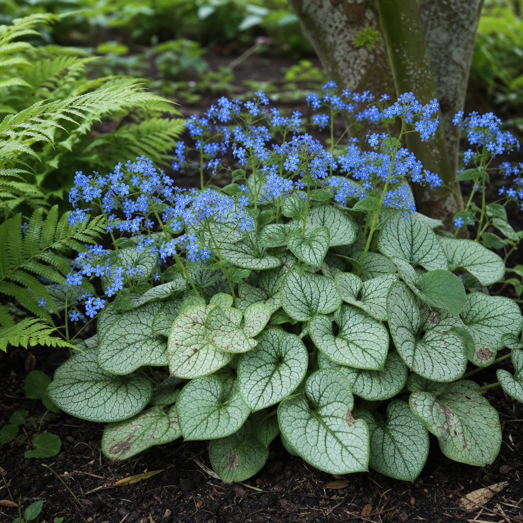 Brunnera argentée aux petites fleurs bleues