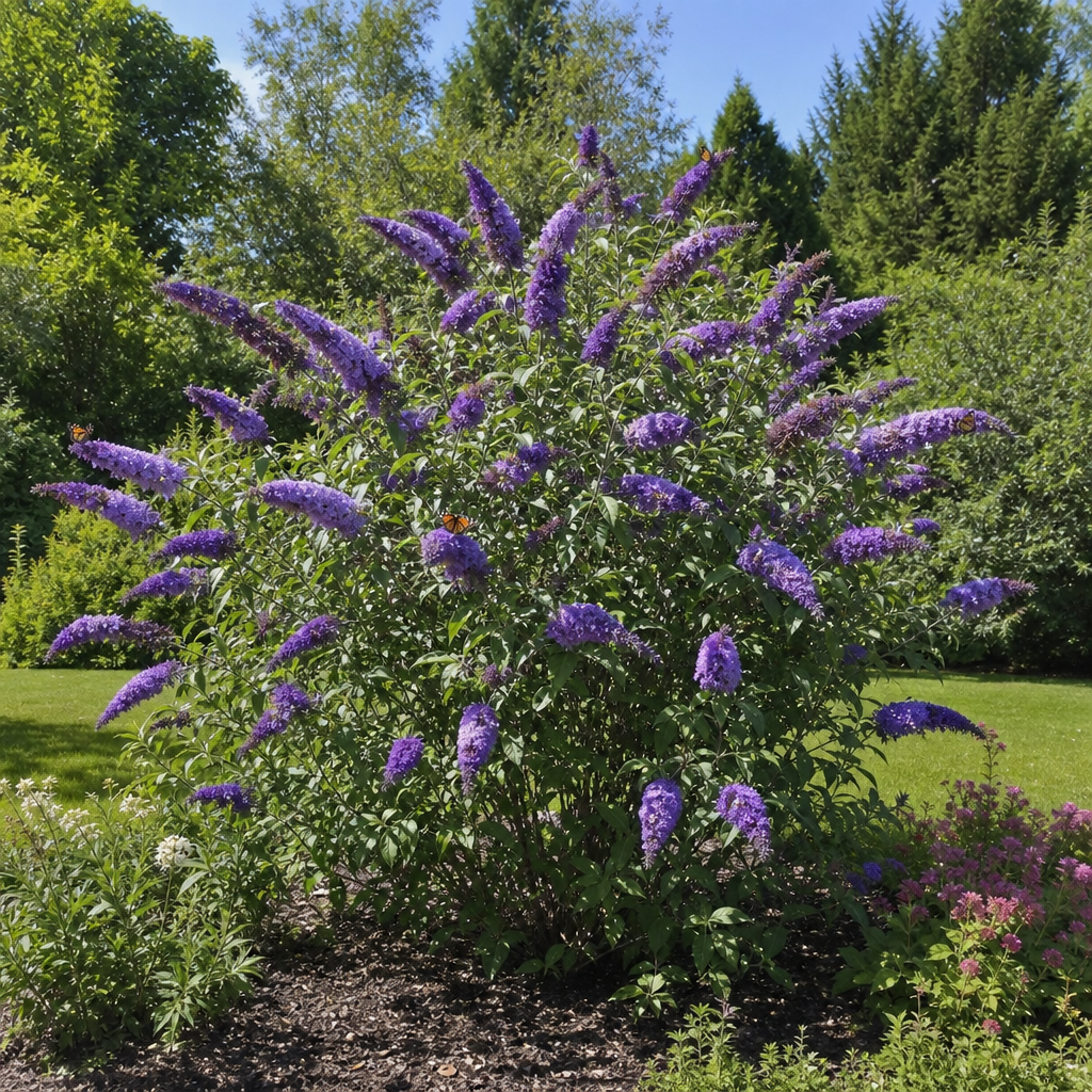 Buddleia violet fleuri avec papillons dans un jardin
