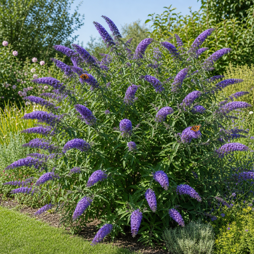 Buddleja bleu fleuri visité par des papillons
