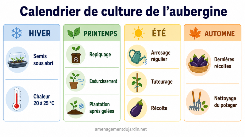Calendrier saisonnier des travaux pour cultiver des aubergines