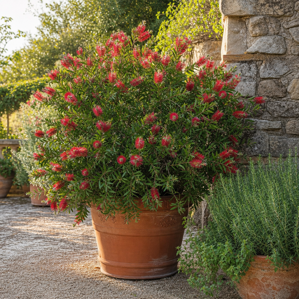 Callistemon rouge fleuri dans un grand pot de terrasse