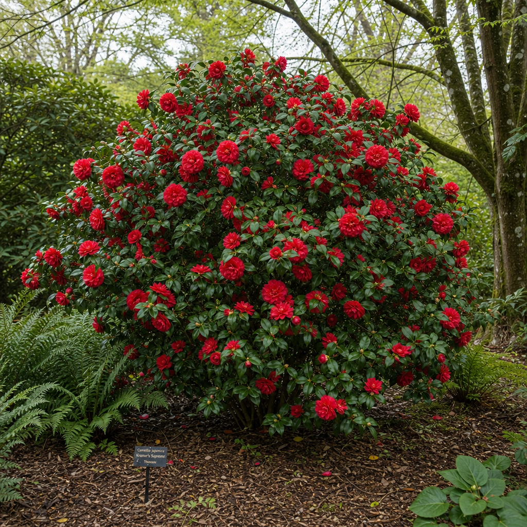 Camélia rouge fleuri sous une légère mi-ombre