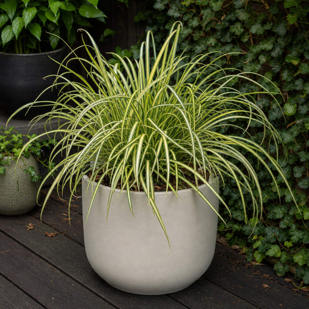Carex panaché dans un pot sur terrasse ombragée